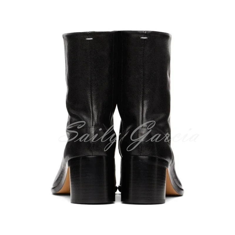 Men Black Retro Mid-calf Winter Boots New Style Round Toe Slip On Casual Boots High-top Sewing High Heel Men's Shoes