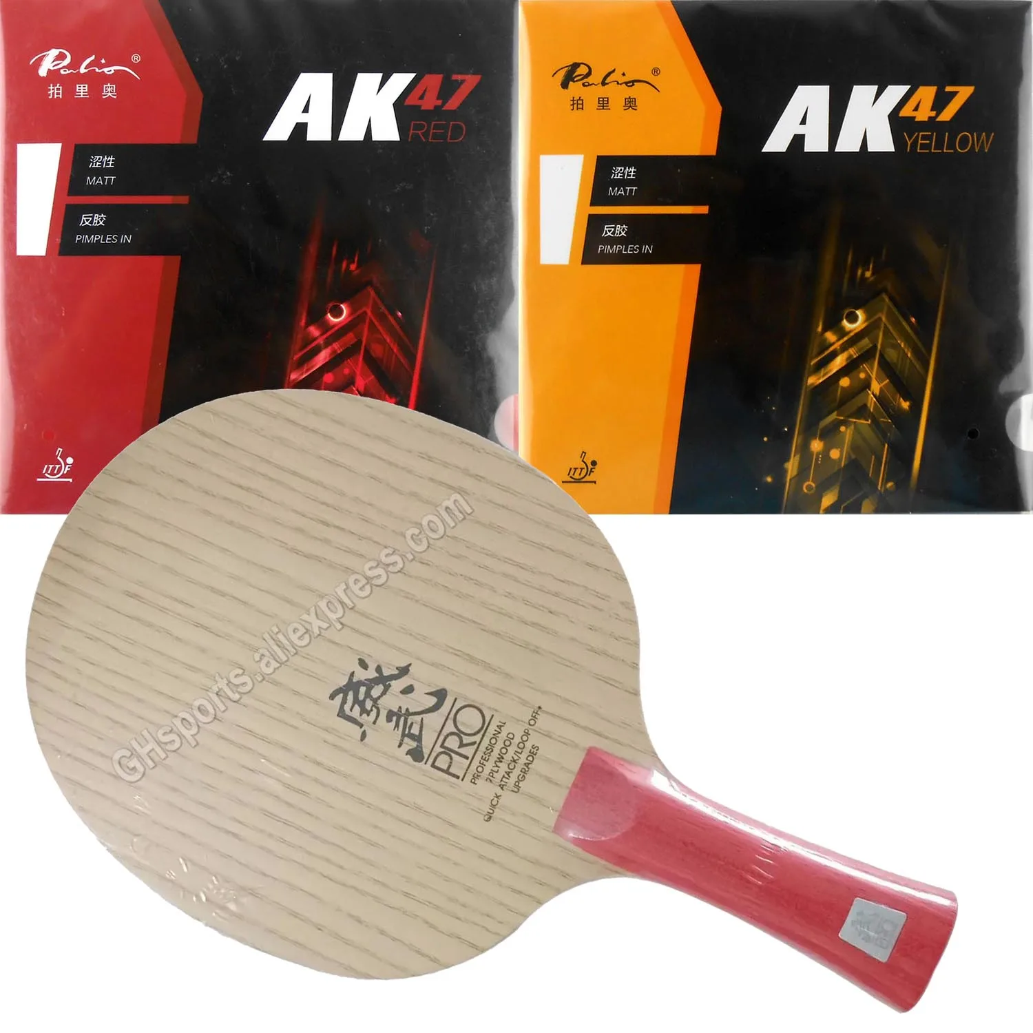 

Набор для настольного тенниса Pro Combo: Ракетка SANWEI V5 PRO с накладками Palio AK47 RED и AK47 YELLOW Matt Pips в резине с губкой