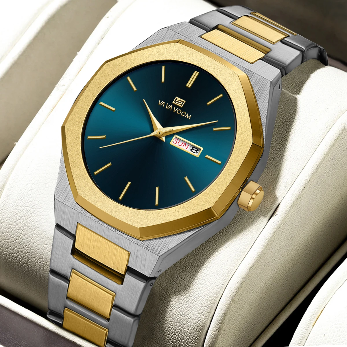 VA VA VOOM Luxury Men Stainless Steel Watch Fashionable Business Style Dual Calendar Movement Blue Gold Strap Men Casual Watches