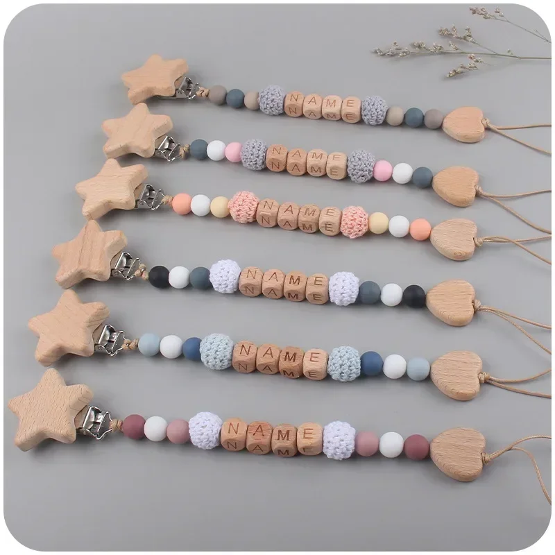 

Baby Pacifier Clips Personalized Name DIY Stars Wooden Silicone Beads Teethers Dummy Nipple Holder Clip Newborn Teething Toys