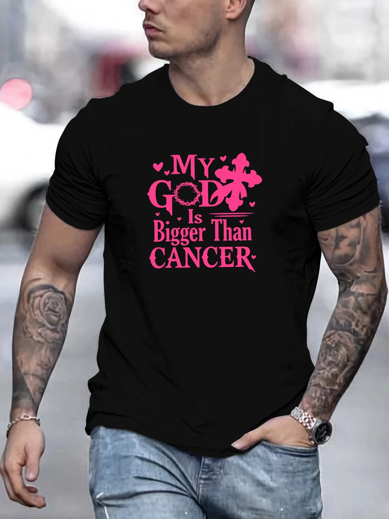 

Men's My God Is Bigger Than Cancer Slogan Pattern Summer Casual Crew Neck Short T-Shirt