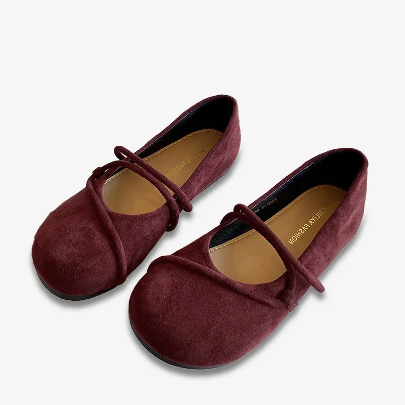 TRAF Sandalias planas de cabeza redonda de color rojo vino, zapatos de otoño con punta cerrada y boca poco profunda, zapatos planos de gamuza sintética con correa fina para mujer