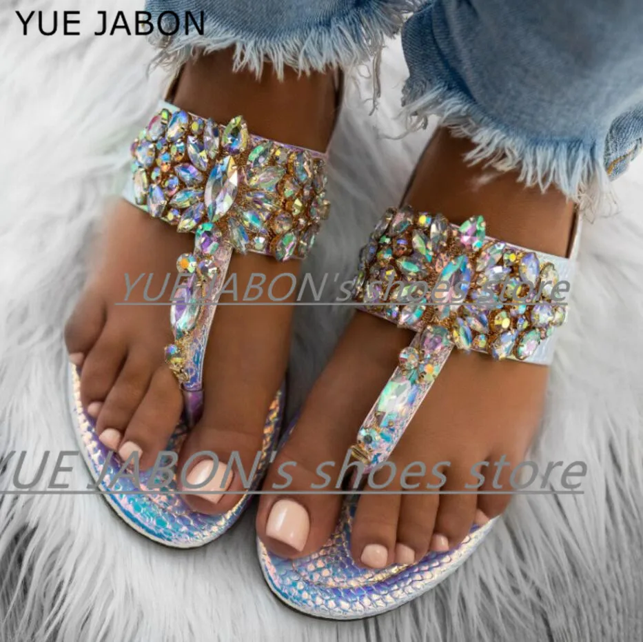 New Blue Woman Sandals Boho Crystal Shoes Transparent PVC Beading Flat Sandals Women Bohimia Beach Shoes Chaussure Plus Size 43