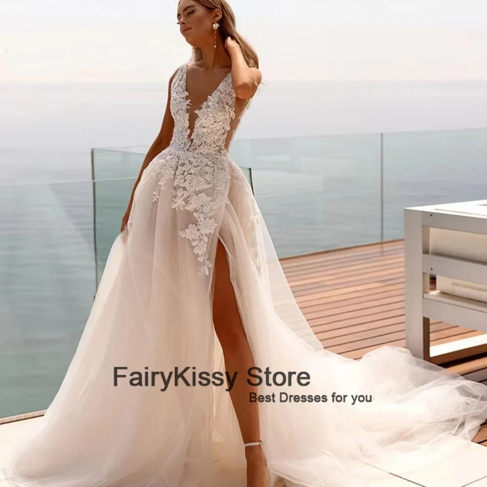 FairyKissy Boho A Line V-образным вырезом Свадебные платья Кружевные аппликации из тюля Роскошное платье невесты с разрезом Майка Свадебное платье Vestido De Novia