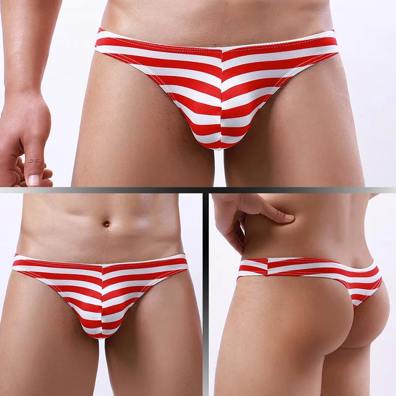 Roupa interior sexy com estampa listrada masculina, cuecas de cintura baixa, tanga de fio dental, bolsa convexa em U respirável, cueca gay erótica