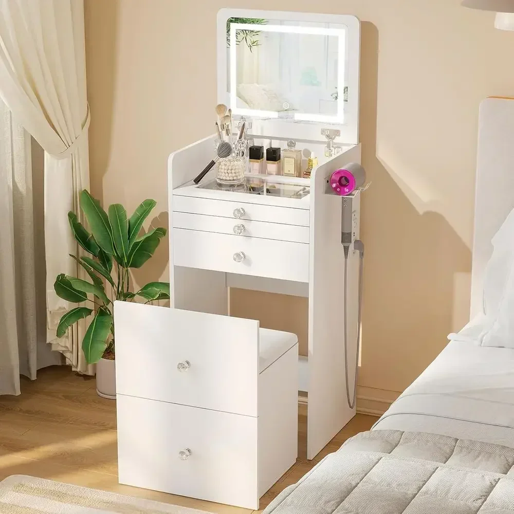 Compact 3-in-1 Vanity Desk with LED Light, Mirror, and Glass Top for Small Makeup Area, White, 19 Length