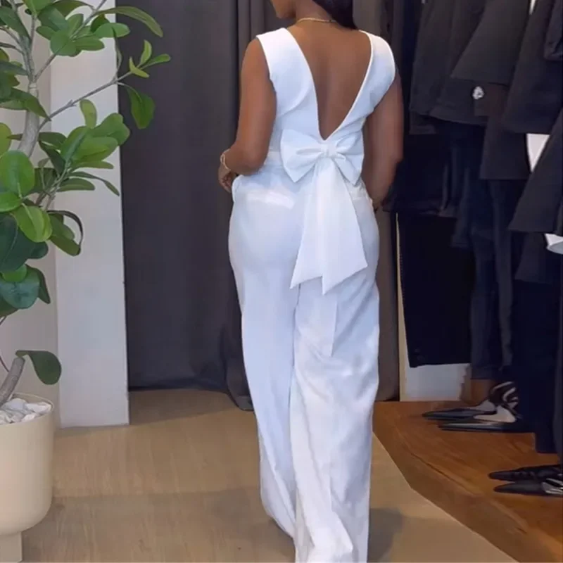 2 Piece Sets Women Outfit 2025 Summer New Solid V-Neck Backless Bow Decor Tops & High Waist Casual Pocket Wide Leg Pants Suit