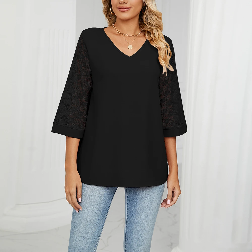 Womens Spring Summer V-Neck Chiffon Lace Blouse Tops Ladies Casual Loose Shirts T-Shirts Tee Plus Size 2024