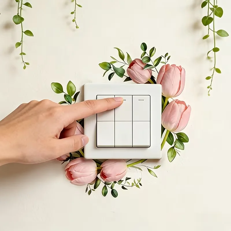 Soft pink tulip light switch decoration, flower peels and wall stickers, detachable home decoration for bathroom and kitchen