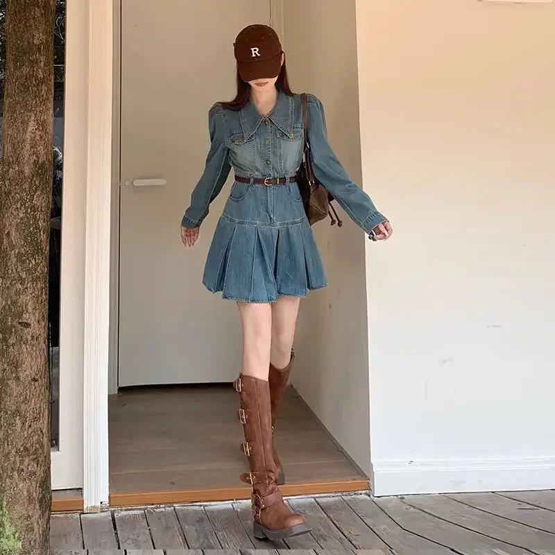

2024 Autumn New Korean Fashion Women Denim Dress Turn Down Collar Long Puff Sleeve High Waist Slim A Line Pleated Mini Dresses