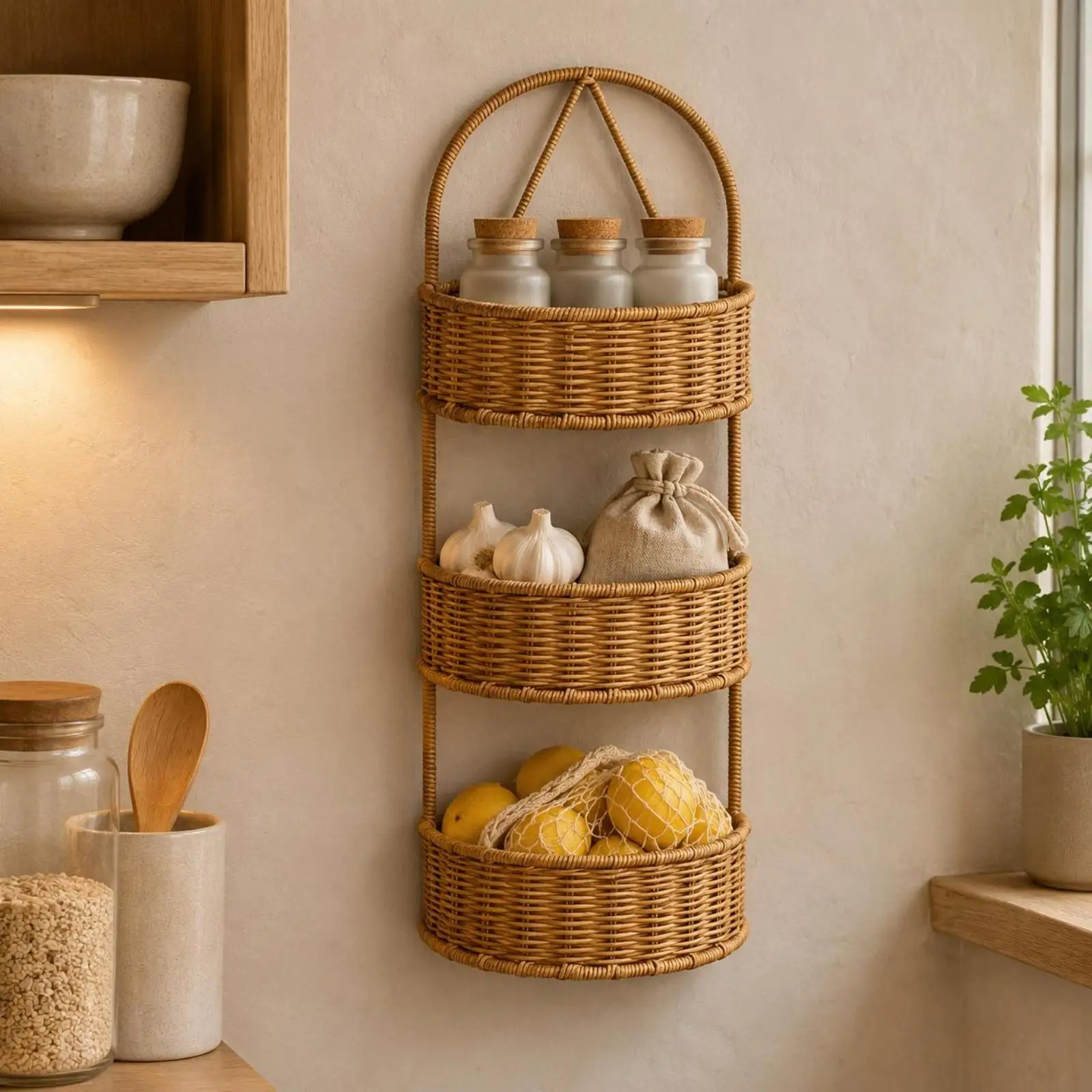 Wall Hanging Woven Basket Organizer for Entryway Decor with Open Weave Design