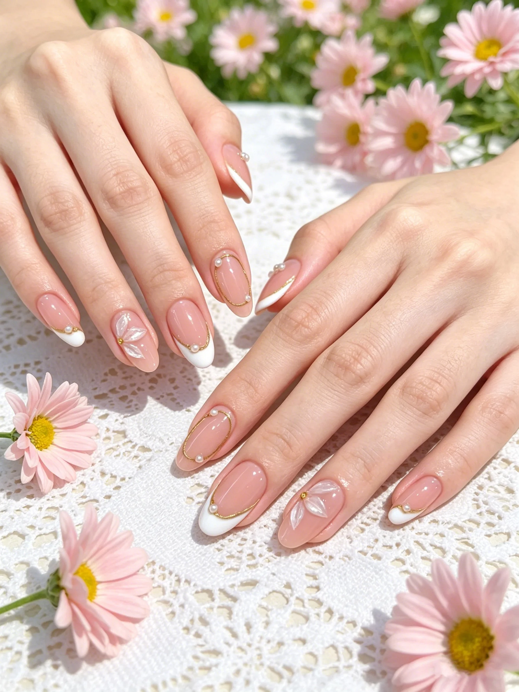 10PCS Original Handcrafted Pink Almond Press On Nails, White Butterfly Pearl Gold Line French Artificial False Nails
