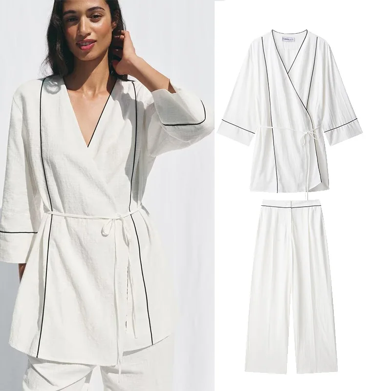 

TRAF Women High Waist Pants Sets Women 2 Piece Crossover Wide Sleeves Contrast Jacket With Tie Wide Leg Trousers Women Outfit