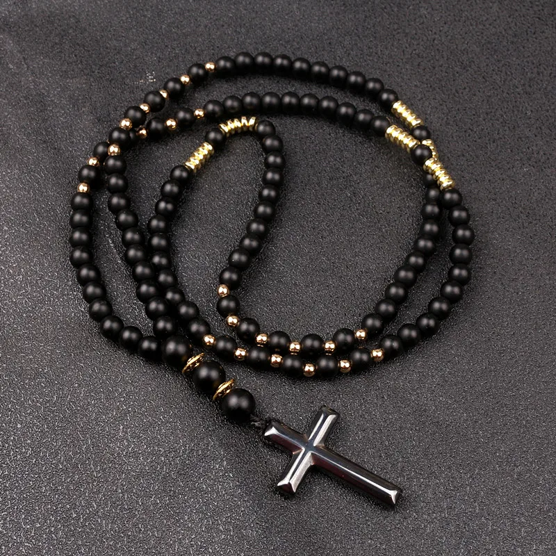 Man\'s unique necklace 6mm Natural stone bead & Hematite Cross Pendant Necklace Fashion Jewelry