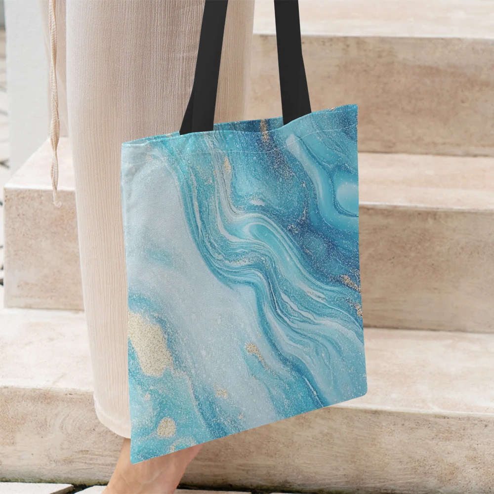 1Pc Chic Fashion Light Blue Marble Printed Reusable Portable Handbags Shoulder Tote Bag For Beach Travel Weekender Gym Grocery