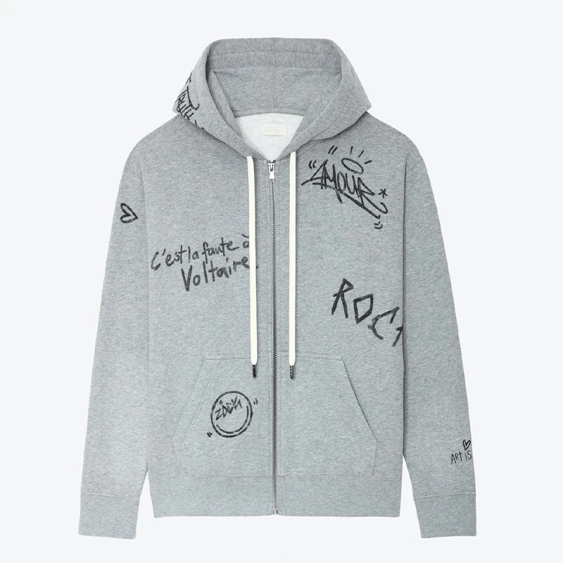 Zadig Grey Hoodie Women Autumn Winter Casual Jacket Female Cardigan Chic Alphabetical Graffiti Winter Sweatshirt Jacket Tops