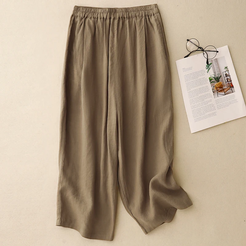 

High Waist Loose Wide Leg Pants Straight Cut Slimming Breathable Nine Points Casual Thin Elastic Waist Cotton Linen Summer Wo...