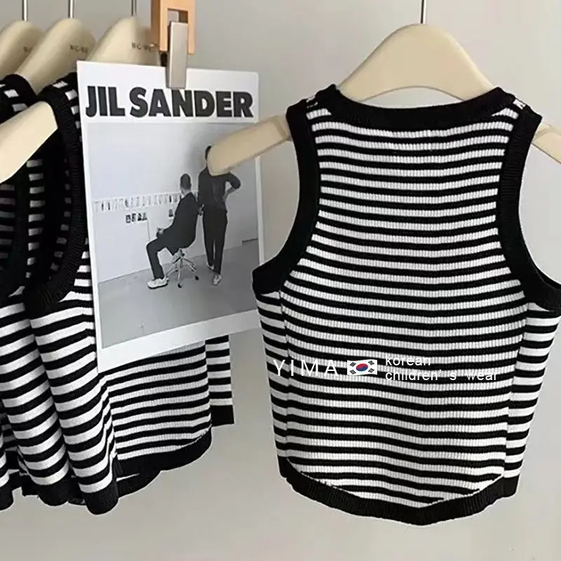 Summer Kids Girls Clothes Black and White Stripes Vest Baby Girls Fashionable and Simple Crew Neck Loose Thin Tank Top