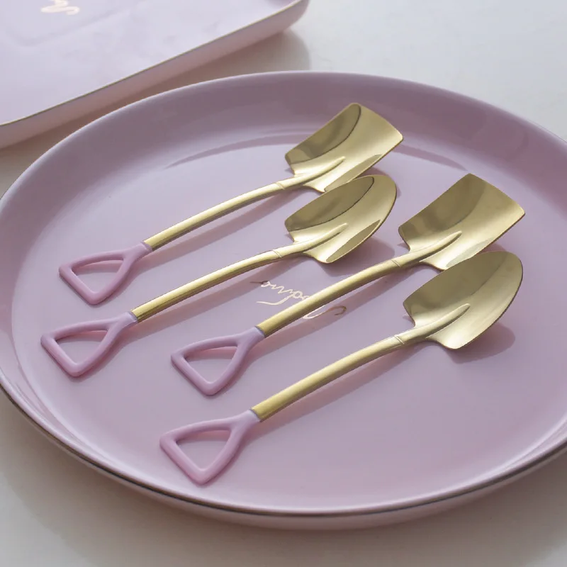 

Golden Pink Spoon Iron Catalpa Shape Retro Cute Square Head Children Spoon 304 Stainless Steel Shovel Ice Cream Dessert Spoons