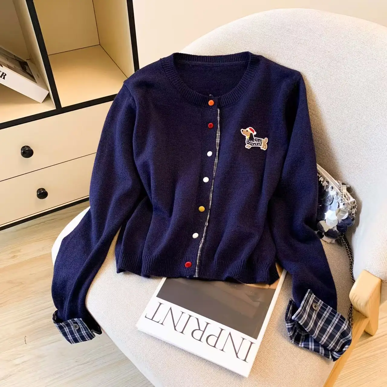 

Korean Sle College Knitted round Ne Open Cardigan Patchwork ort Ins Spring Autumn Slimming Top Women's Knitwear