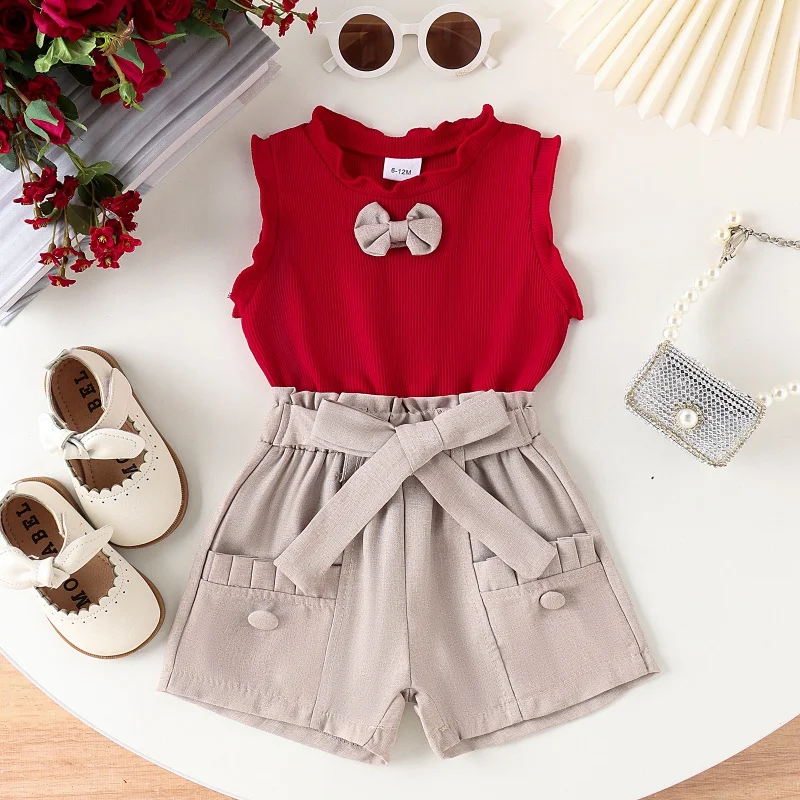 2Pcs Kids Clothes Solid Bow Ruffles Sleeveless Tops with Shorts Girls Sweet Fashion Casual Outing Set Picnic Vacation Suits