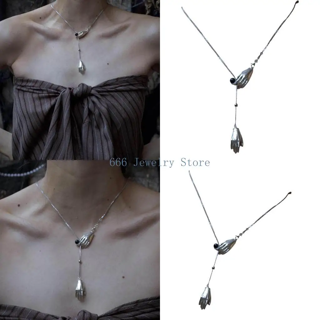 F2TD Adjustable Alloy Hand Fringe Pendant Necklace with Long Statement Profile for Daily Wear, Party Outfit Styling, Festival