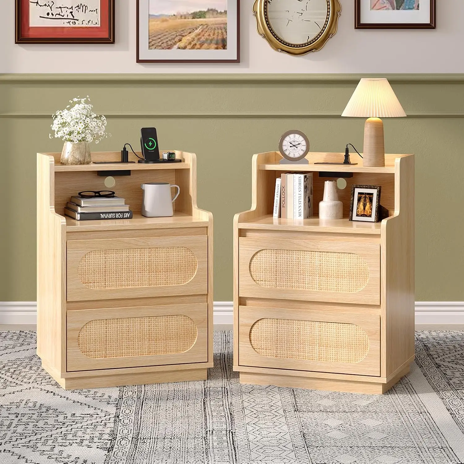 Boho Rattan Nightstand Set with Charging Station, 17.72