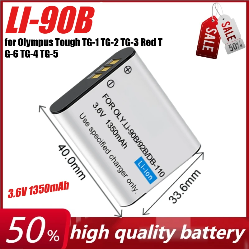 

3.6V 1350mAh LI-90B 92B Charger Battery for Olympus Tough TG-1 TG-2 TG-3 Red TG-6 TG-4 TG-5 SH-50 SH-60 XZ-2 SP-100EE Camera