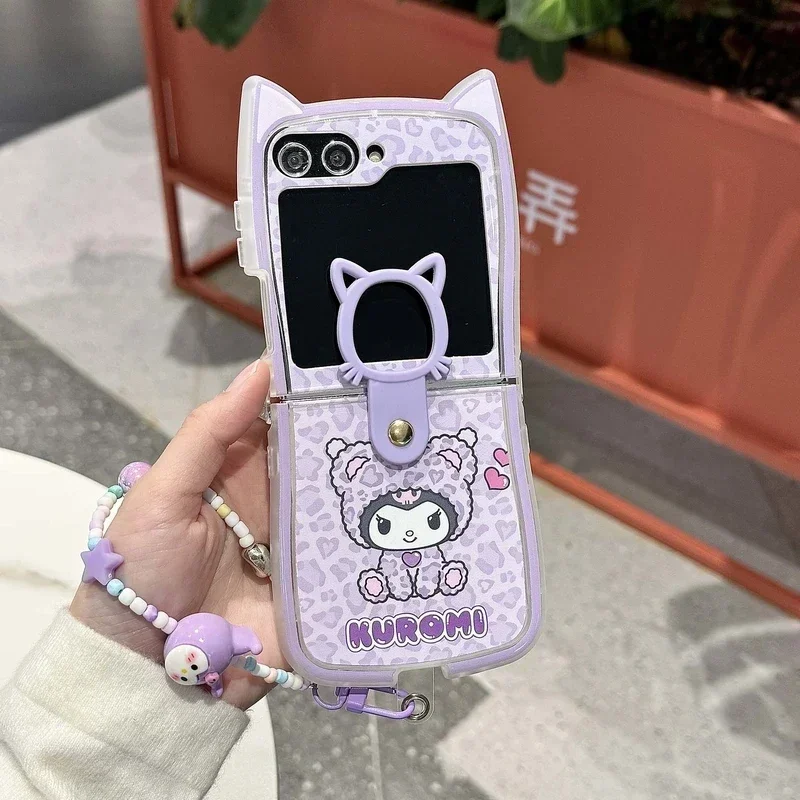 リングホルダー付きのかわいい漫画の電話ケース,ソフトTPUカバー,ヒョウ柄のsanrio kuromi cinnamoroll,samsung galaxy z flip 6 5 4 3