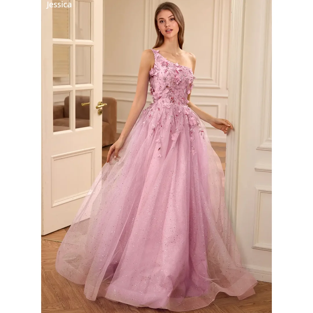 

Jessica Sweet Pink Evening Dresses Handmade 3D Decals Prom Dresses A-shaped Shimmering Tulle Princess Party Dresses