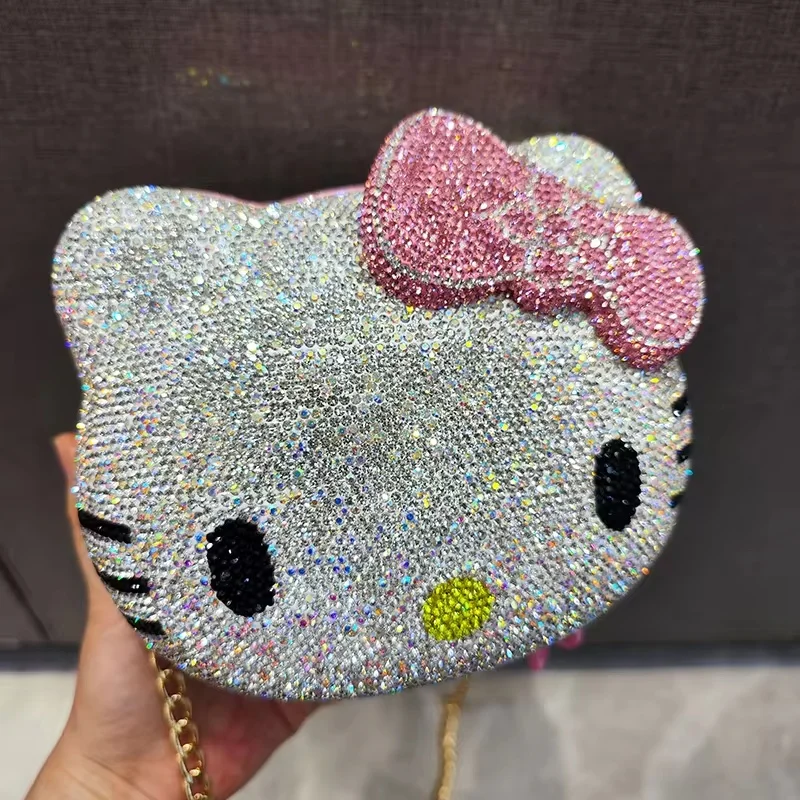 NEW Anime Hello Kitty Cartoon Shape Cartoon Full Of Diamonds Dinner Bag fashion Handmade Diamond-set Lady\'s Clutch Christmas Gif