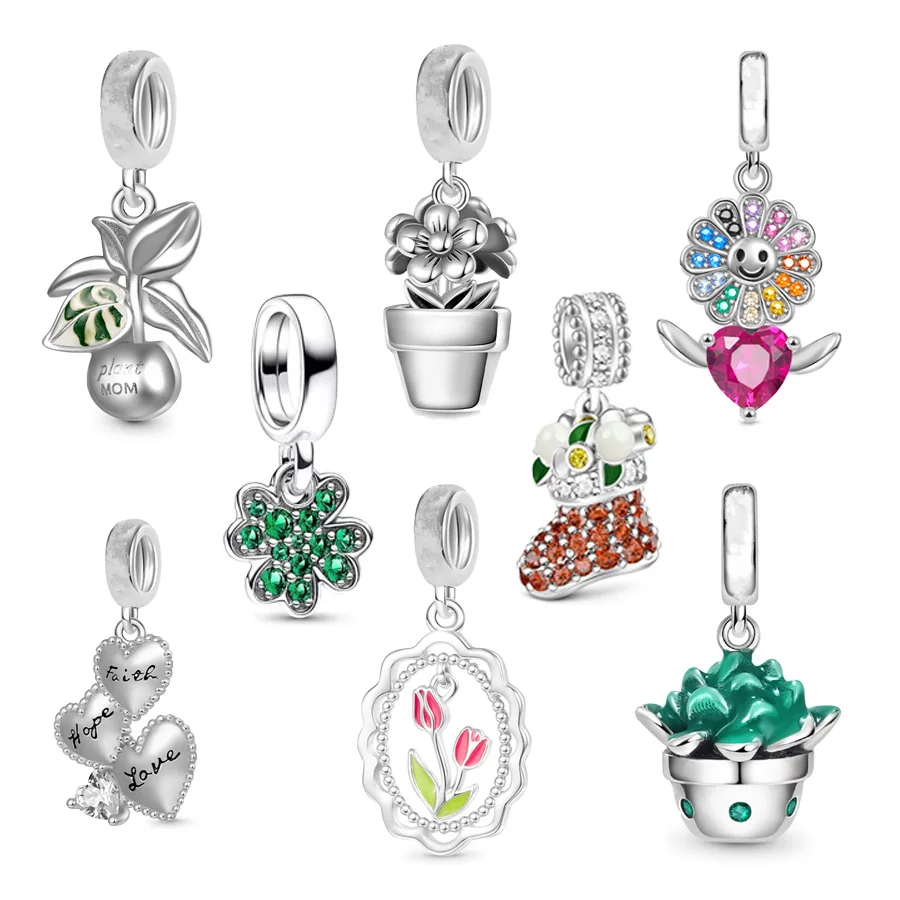 NewFour Leaf Clover Succulent Plant & Sun Flower Dangle Charm Bead Fit Original 925 Sterling Silver Women Bracele Jewelry Gift