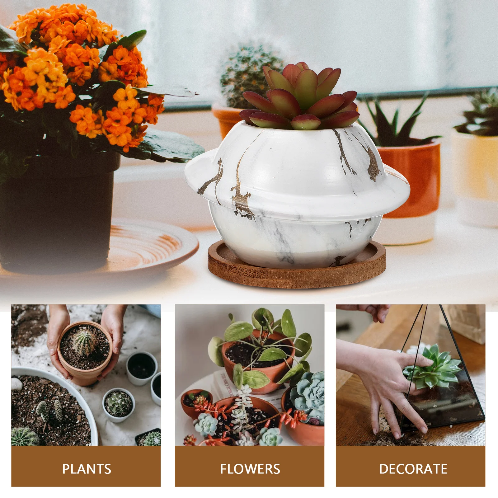 

1Set Planet Shaped Ceramic Succulent Plant Pot with Drainage Hole and Tray for Home Office Desk Decor Indoor Garden Decoration