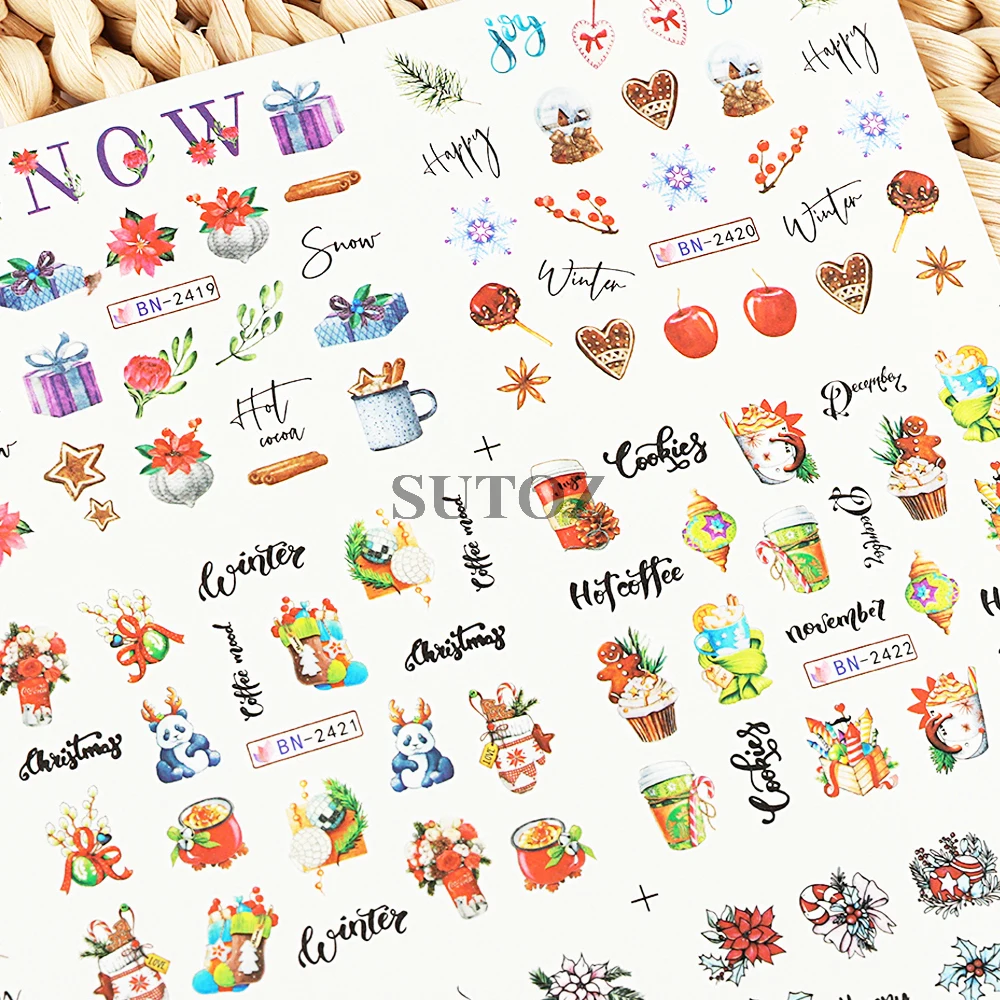 12Pcs Christmas Nail Art Stickers Winter Decoration Transfer Stickers Christmas Trees Animals Gift Manicure Wraps LEBBN2413-2424