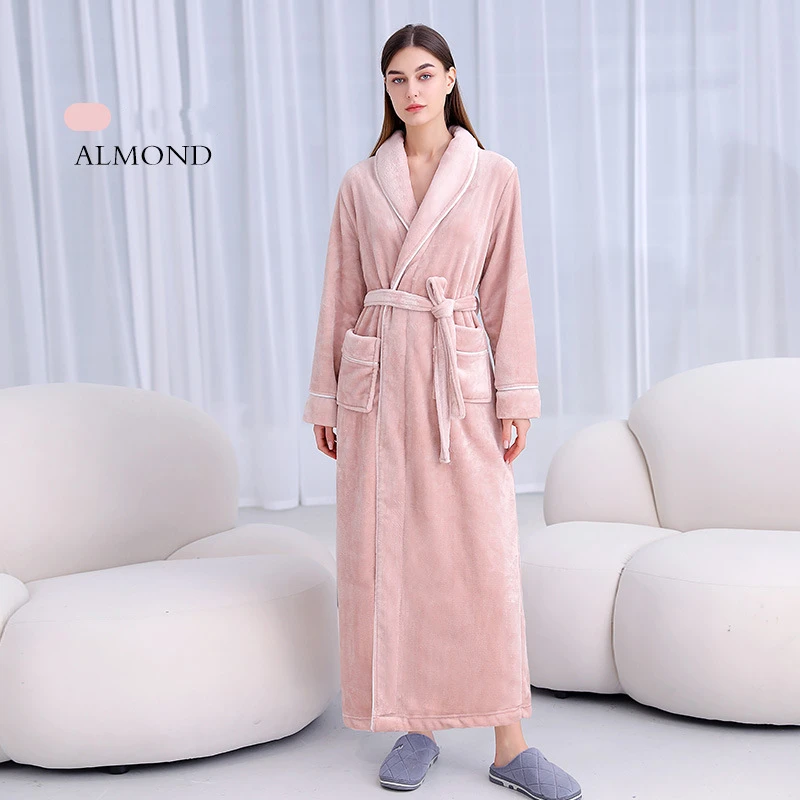 Super Long Thick Warm Flannel Bathrobe Large Lapel Ankle Length Coral Fleece Bath Robes Women Soft Dressing Gown Lovers Winter