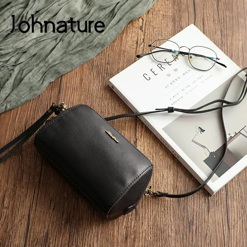 Johnature Simple Genuine Leather Women Small Bag Natural Cowhide Clutch Bag Versatile Solid Color Shoulder & Crossbody Bags