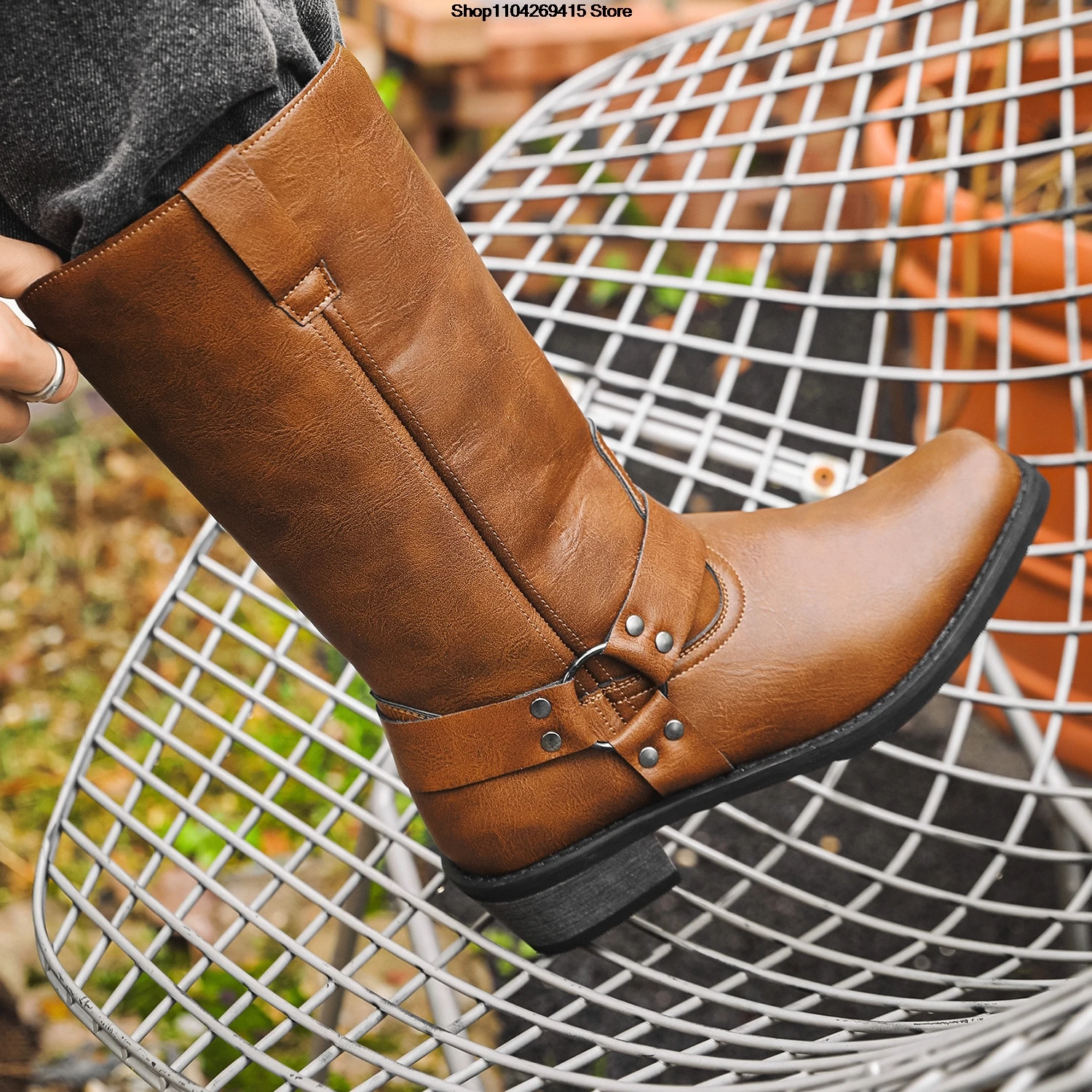 Autumn Men Vintage Gothic Faux Leather Boots Male Punk Leather High Heels Knight Booties Combat Boots