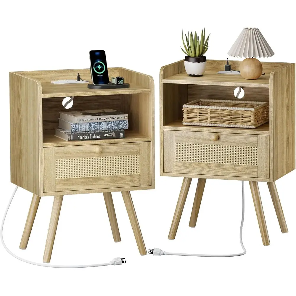 Nightstands Set of 2, Night Stands with Charging Station & PE Rattan Decor Drawer, Bed Side Tables with Solid Wood Feet, End Tab