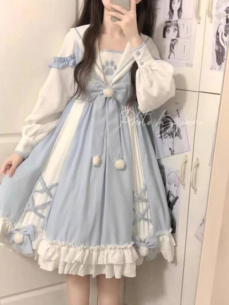 Oversize azul lolita vestido para mulheres gola de marinheiro arco vestidos de manga longa 2025 primavera nova manga longa vestidos de mujer