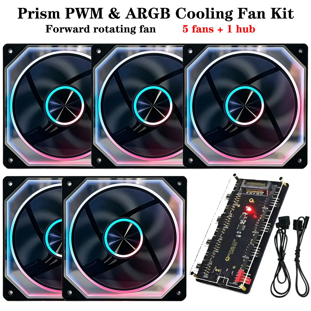 5 Pack Infinite Prism ARGB PWM Forward PC Cooling Fans with Hub Controller, 120mm Quiet Case Fan