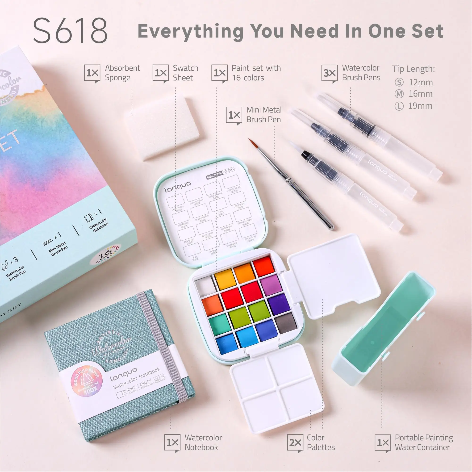 16 Colors Solid Watercolor Paint Set Portable Storage Bag Painting Brush Palette Box Watercolor Pigment Travel Set Art Suppies