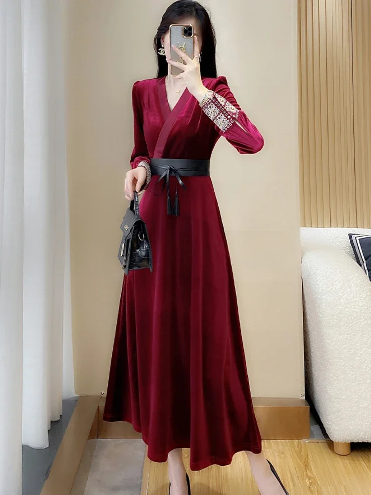 2024 Red Velvet Chic Bandage Long Dress Female Korean Vintage Luxury Ruffled Evening Dress Autumn Winter Bodycon Christmas Dress