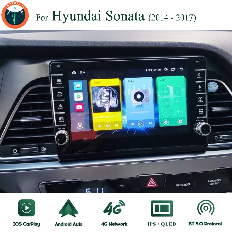 8G + 128G Android 14 para Hyundai Sonata 2014 - 2017 Radio de coche Audio Multimedia estéreo PC tableta GPS Monitor 2 Din DVD Carplay Auto