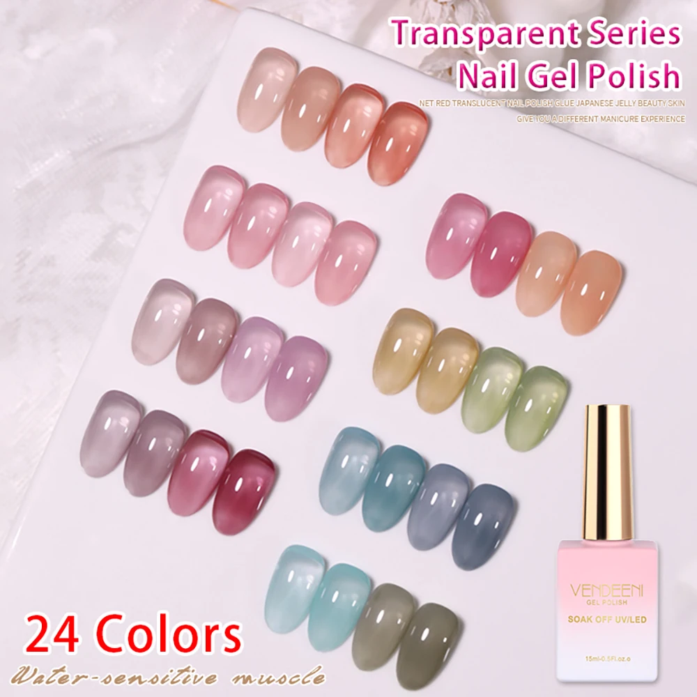 Vendeeni 24 Colors/Set Transparent Gel Nail Polish Nude Pink Skin Color Jelly UV Soak Off Gel Varnish Jade Nail Art Gel Lacquer