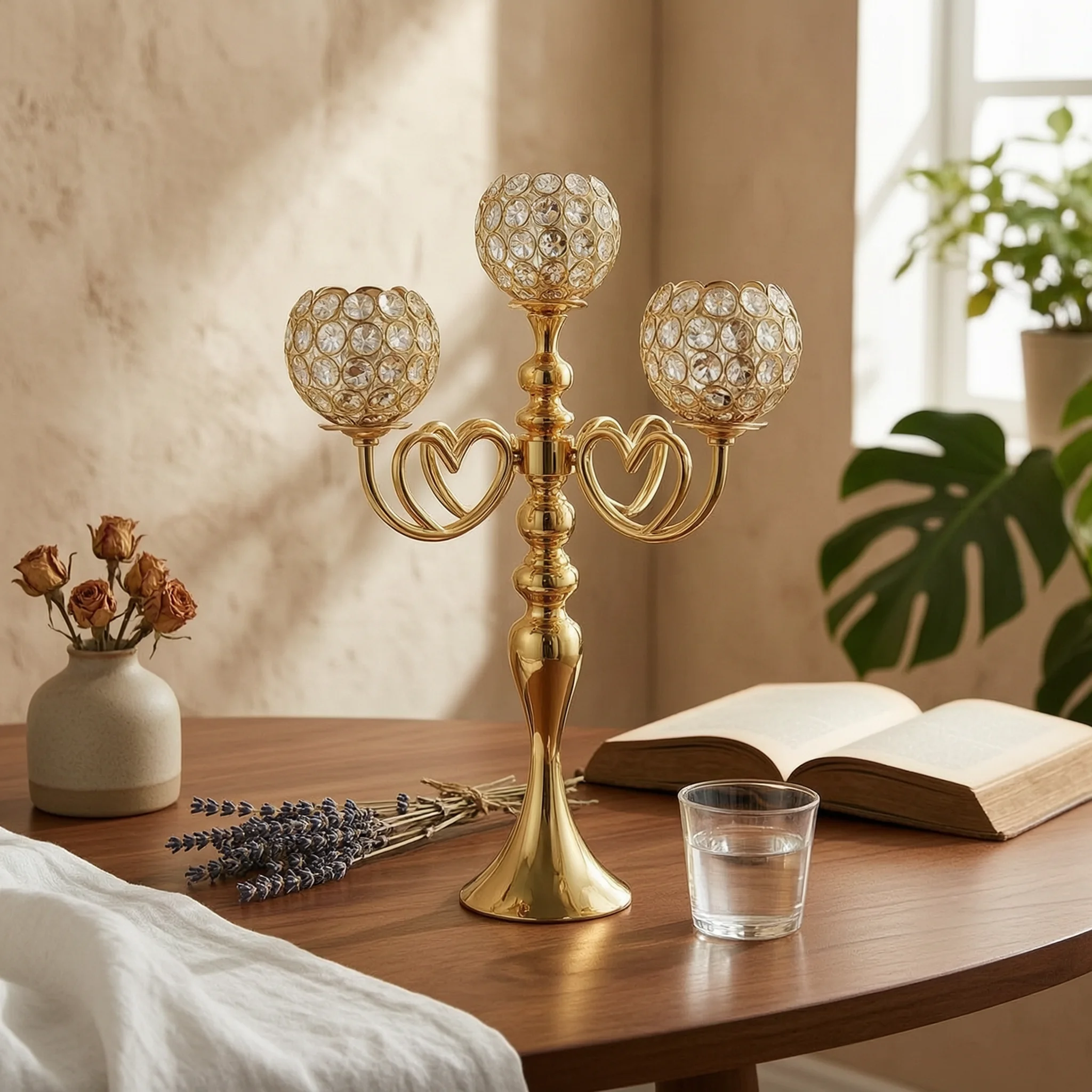 Candelabra with Crystal Beads Electroplated Candelabra Centerpiece Candle Holder with Five Heads Easy to Clean