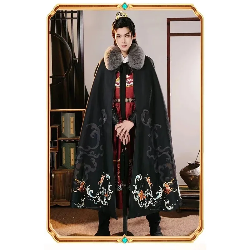 Cy2025 Winter Machtige Qilin Hanfu Mantel Traditionele Chinese Mannen Vrouwen Buitenste Gewaad Vintage Mode Grote Bontkraag Overjas Sjaal