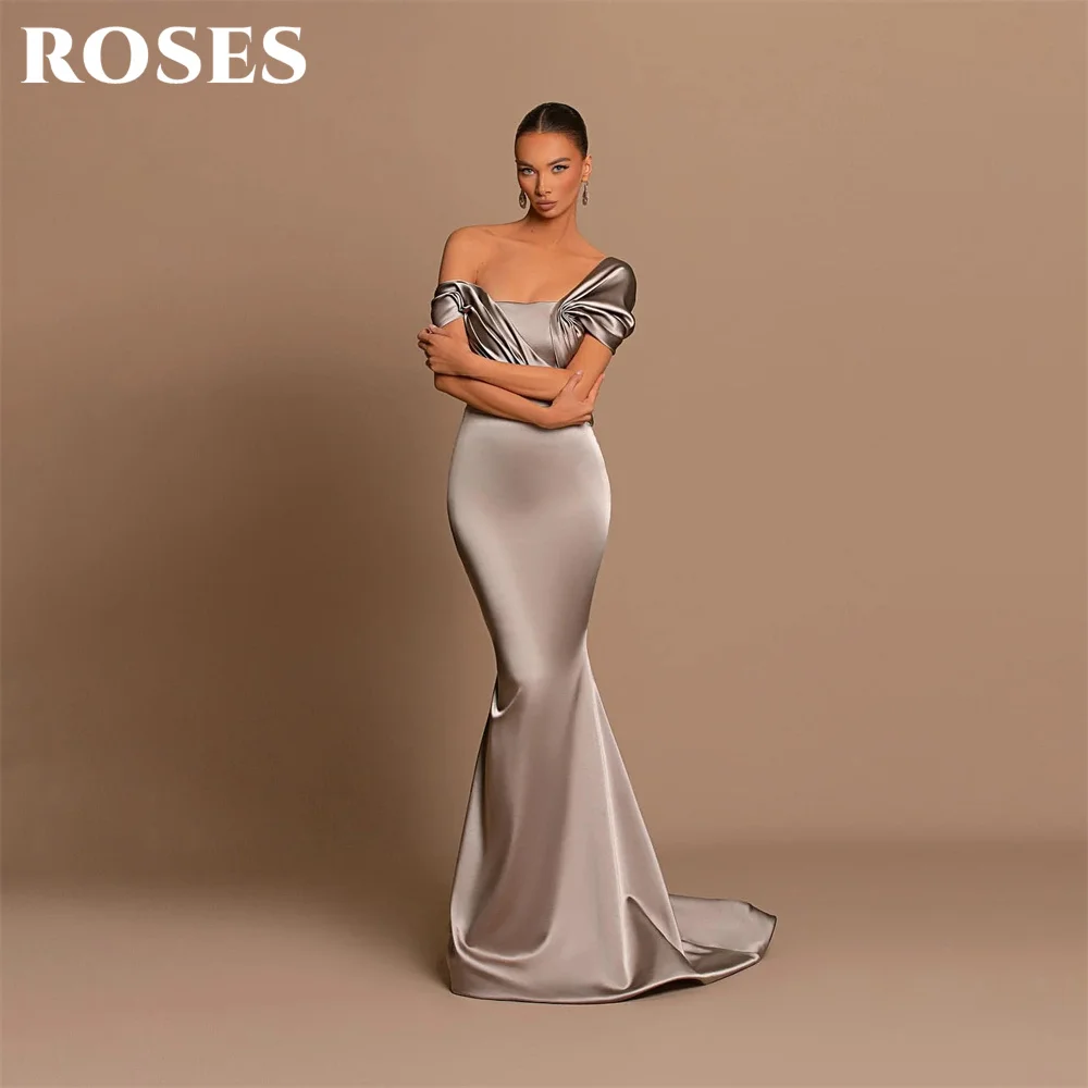 

ROSES Stain Mermaid Chic Woman Evening Dress Gown Pleat Off the Shoulder Ball Gown Custom Size Night Dress Gown robes de soirée