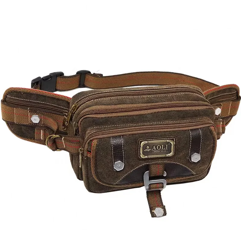 Casual Waist Bag Cotton Canvas Men's Outdoor Sports Running Cycling Diagonal Bag/Compartment Cell Phone Waist Bag Patchwork