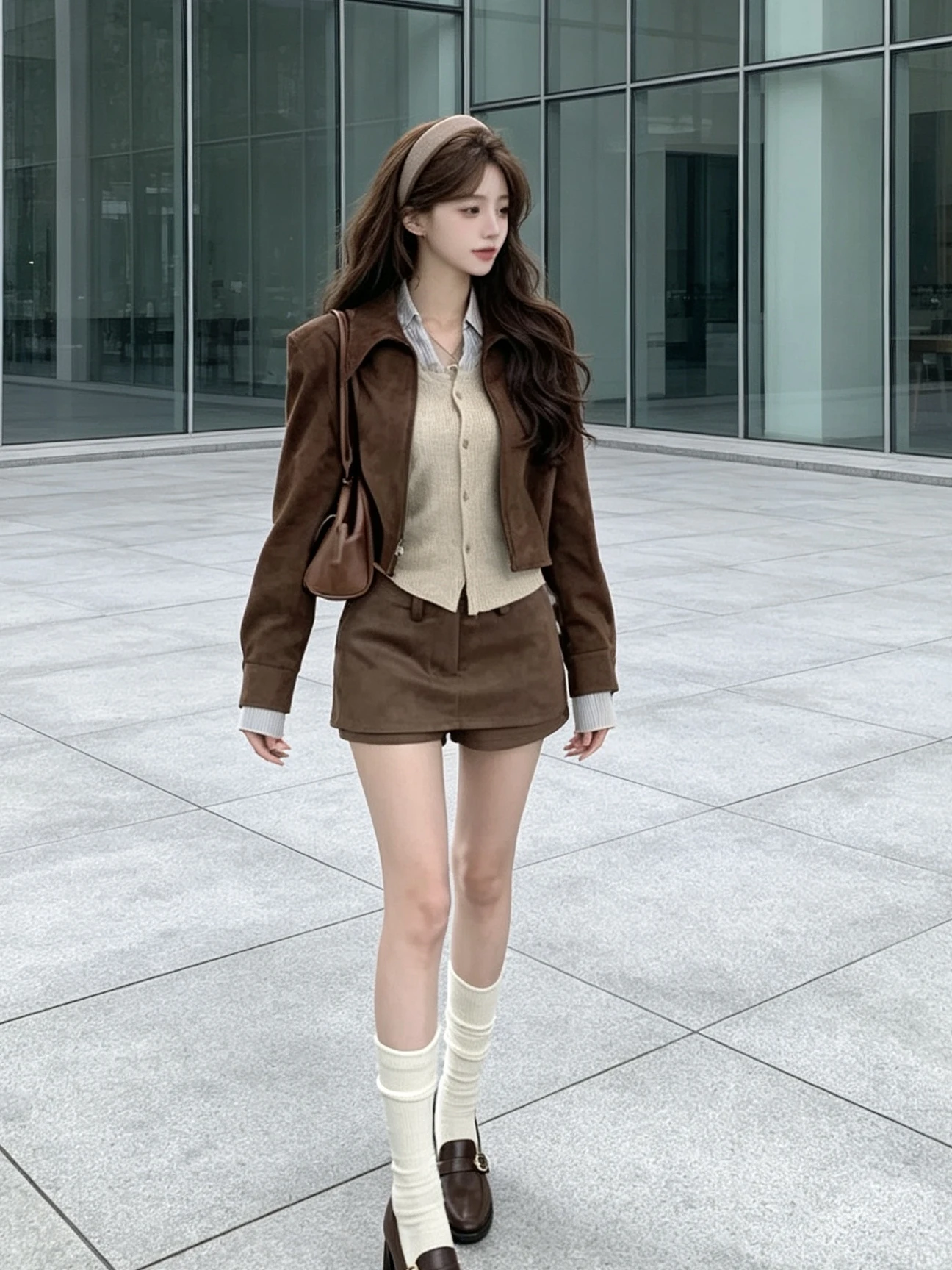 Caramel A-Line  Skirt Women's Slimming High Waist Short Skirt Fashionable Commute Style Anti-Light Walking Skirt