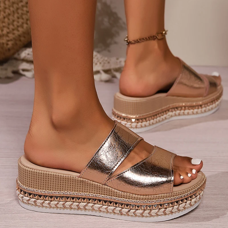 Lucyever Champagne Chunky Platform Sandals Women Plus Size Braid Wedge Sandles Woman 2024 Thick Sole Summer Slippers Female 42